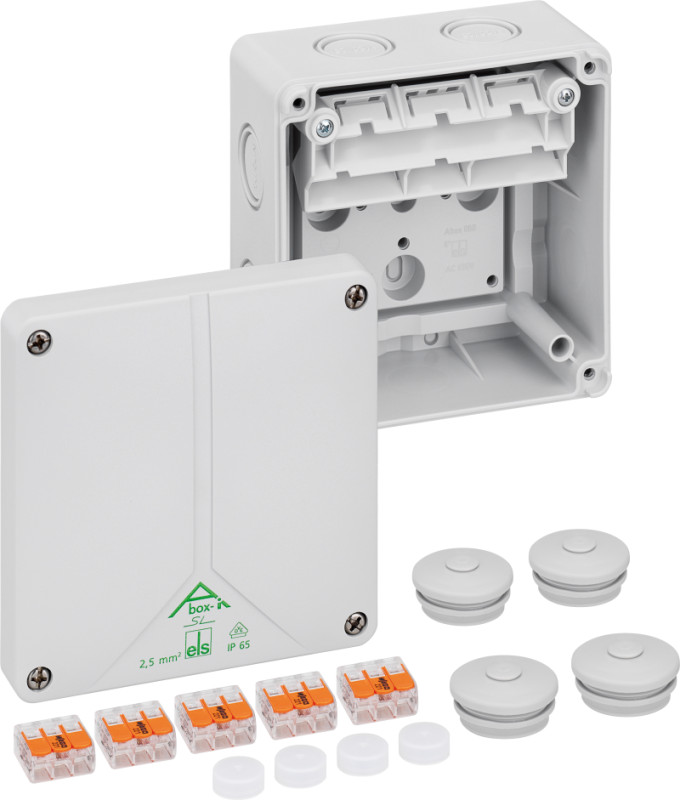 Škatuľa Abox-i SL-2,5/4mm2 rozbočovacia s vysoko osadenou bezšrob.svorkovnicou, šedá, 110x110x67mm, IP65 49080601