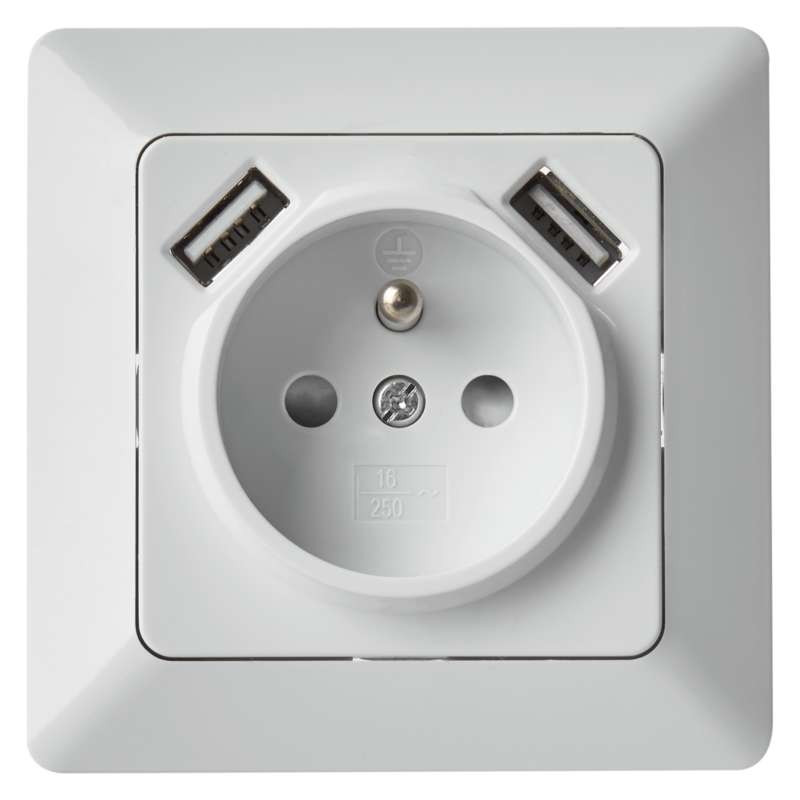 Zásuvka 1-zásuvka s USB, 16A 250V AC, 2xUSB výstup max.2,1A, biela A6000.0 1906010500